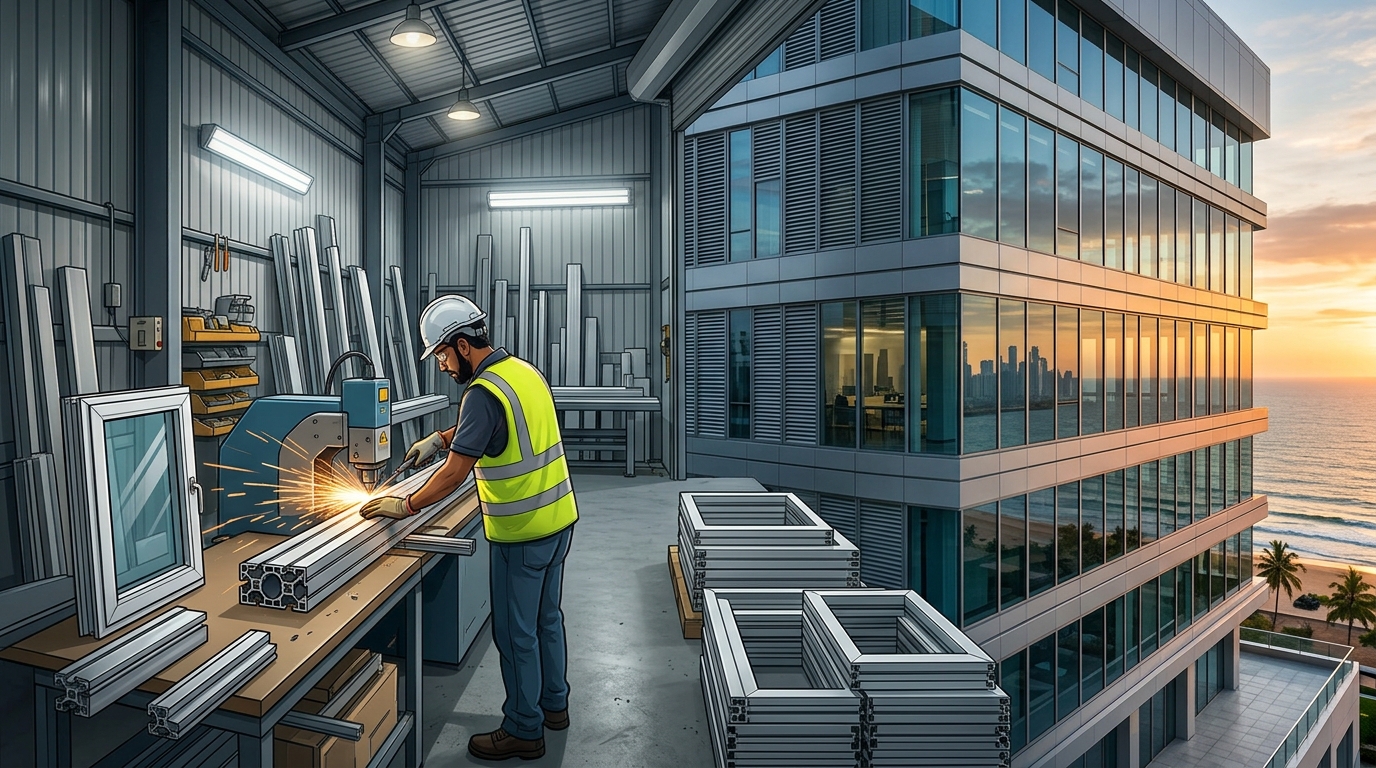 Aluminium fabricator machining a window profile in a Sri Lankan workshop, with a glass curtain wall building in the background
