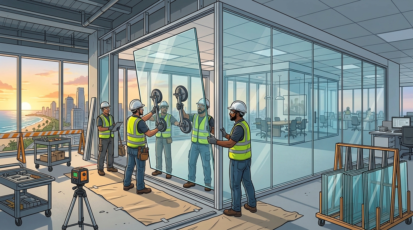 Installers fitting a frameless glass partition wall in a Sri Lankan office fitout with glass-walled meeting rooms in the background